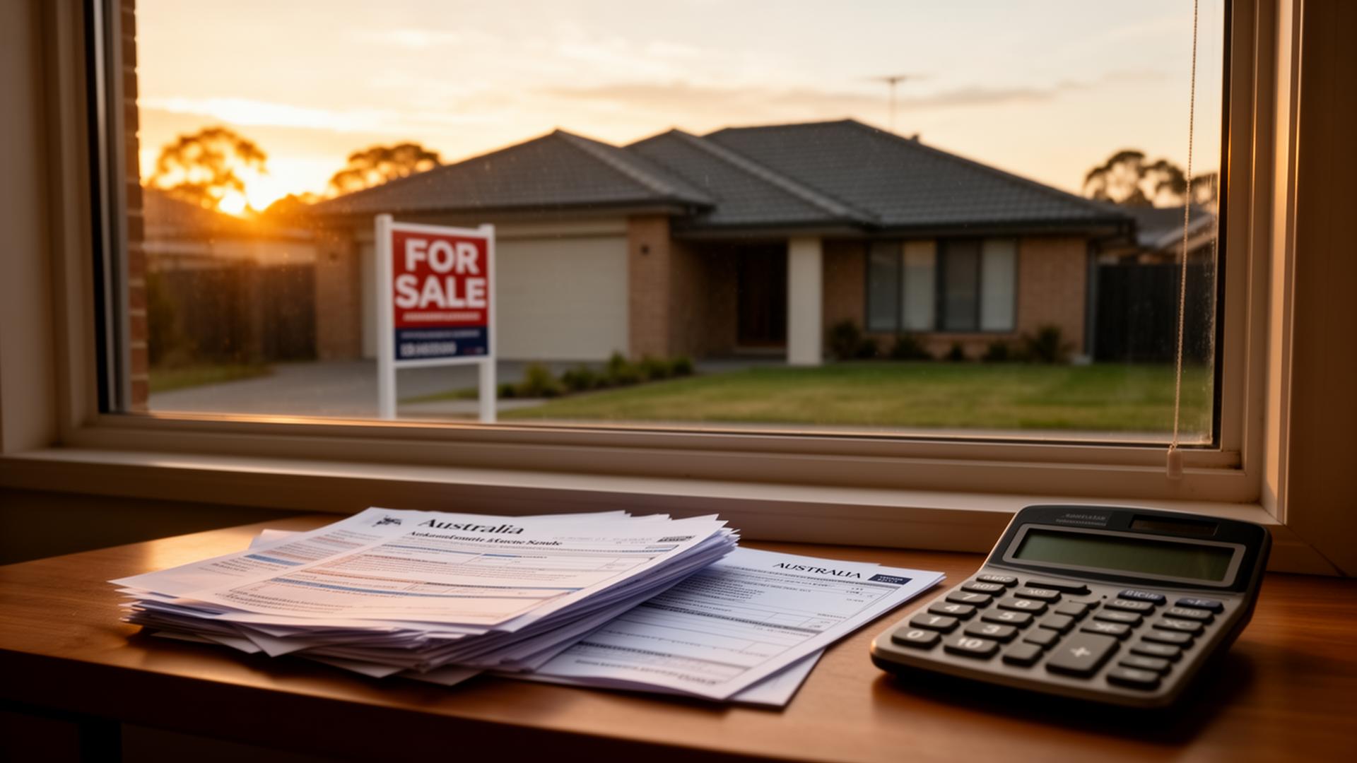 An Australian suburban home for sale at golden hour, with tax documents and a calculator on a windowsill in the foreground.
