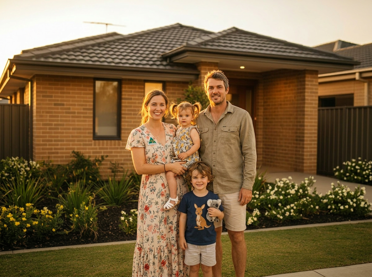 Young Australian family standing in front of their home