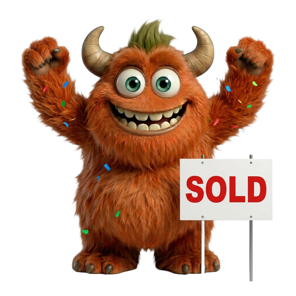 Ziggy celebrating next to a SOLD sign